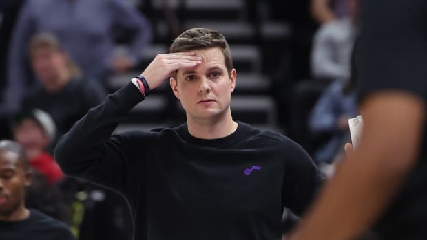 Utah Jazz head coach Will Hardy reacts to a call against the Phoenix Suns in the fourth quarter at Vivint Arena.